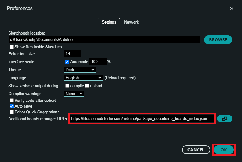 Seeduino Arduino Preferences