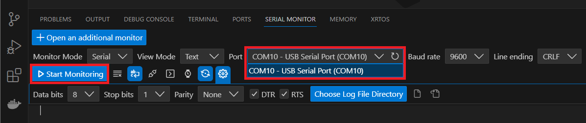 Serial Monitor port and start monitoring button
